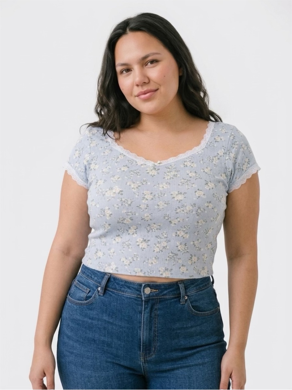Derek Heart Light Blue Floral Lace-Trim Crop Top